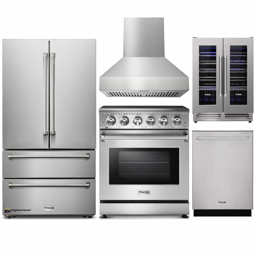 Thor Kitchen 5-Piece Appliance Package - 30-Inch Electric Range, French Door Refrigerator, Pro-Style Wall Mount Hood, Dishwasher, & Wine Cooler in Stainless Steel