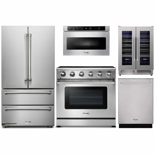 Thor Kitchen 5-Piece Appliance Package - 36-Inch Electric Range, French Door Refrigerator, Dishwasher, Microwave Drawer, & Wine Cooler in Stainless Steel