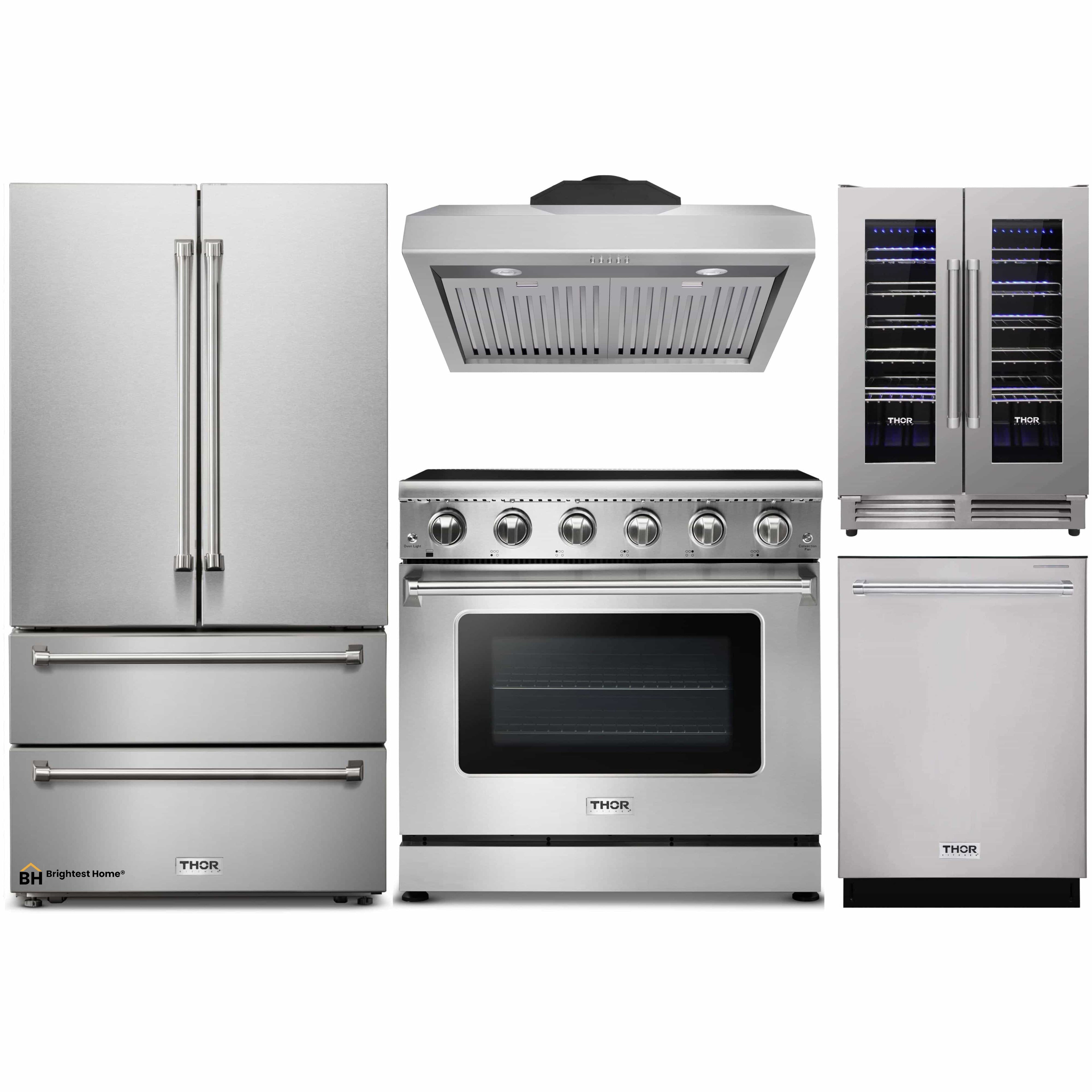 Thor Kitchen 5-Piece Appliance Package - 36-Inch Electric Range, French Door Refrigerator, Under Cabinet Hood, Dishwasher, & Wine Cooler in Stainless Steel