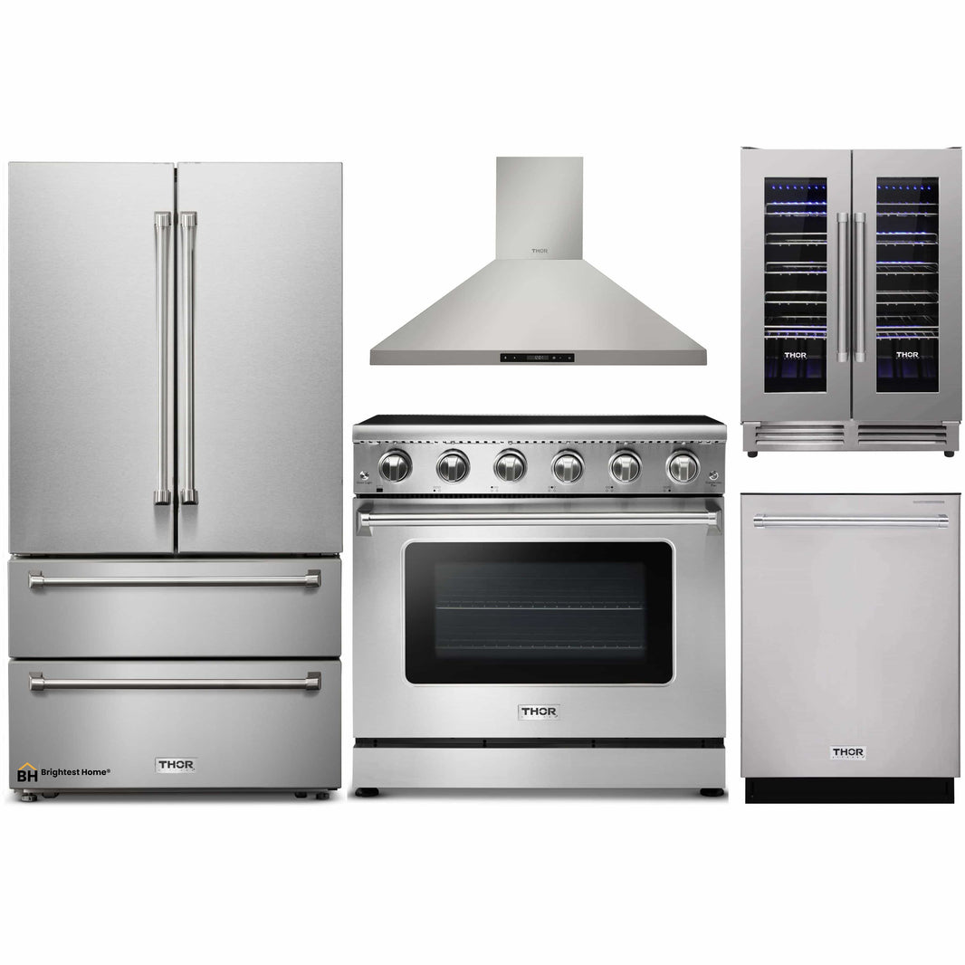 Thor Kitchen 5-Piece Appliance Package - 36-Inch Electric Range, French Door Refrigerator, Wall Mount Hood, Dishwasher, & Wine Cooler in Stainless Steel