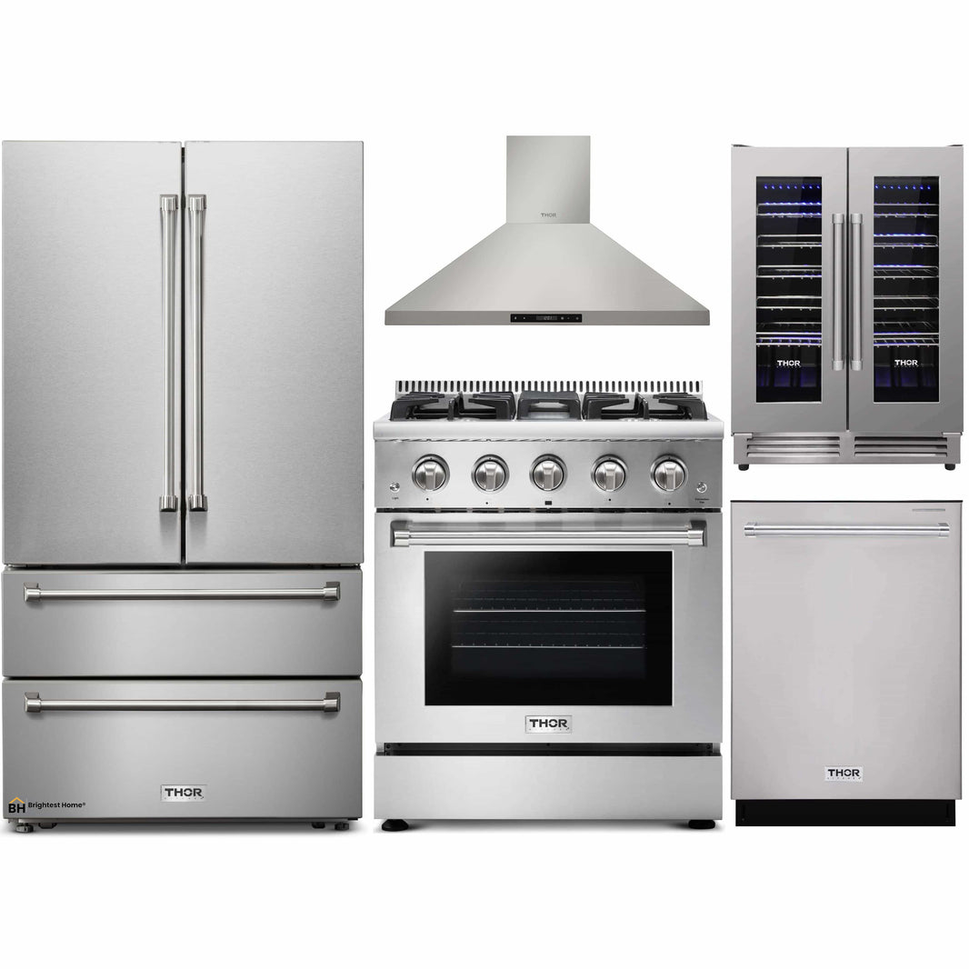 Thor Kitchen 5-Piece Pro Appliance Package - 30-Inch Gas Range, French Door Refrigerator, Wall Mount Hood, Dishwasher, and Wine Cooler in Stainless Steel