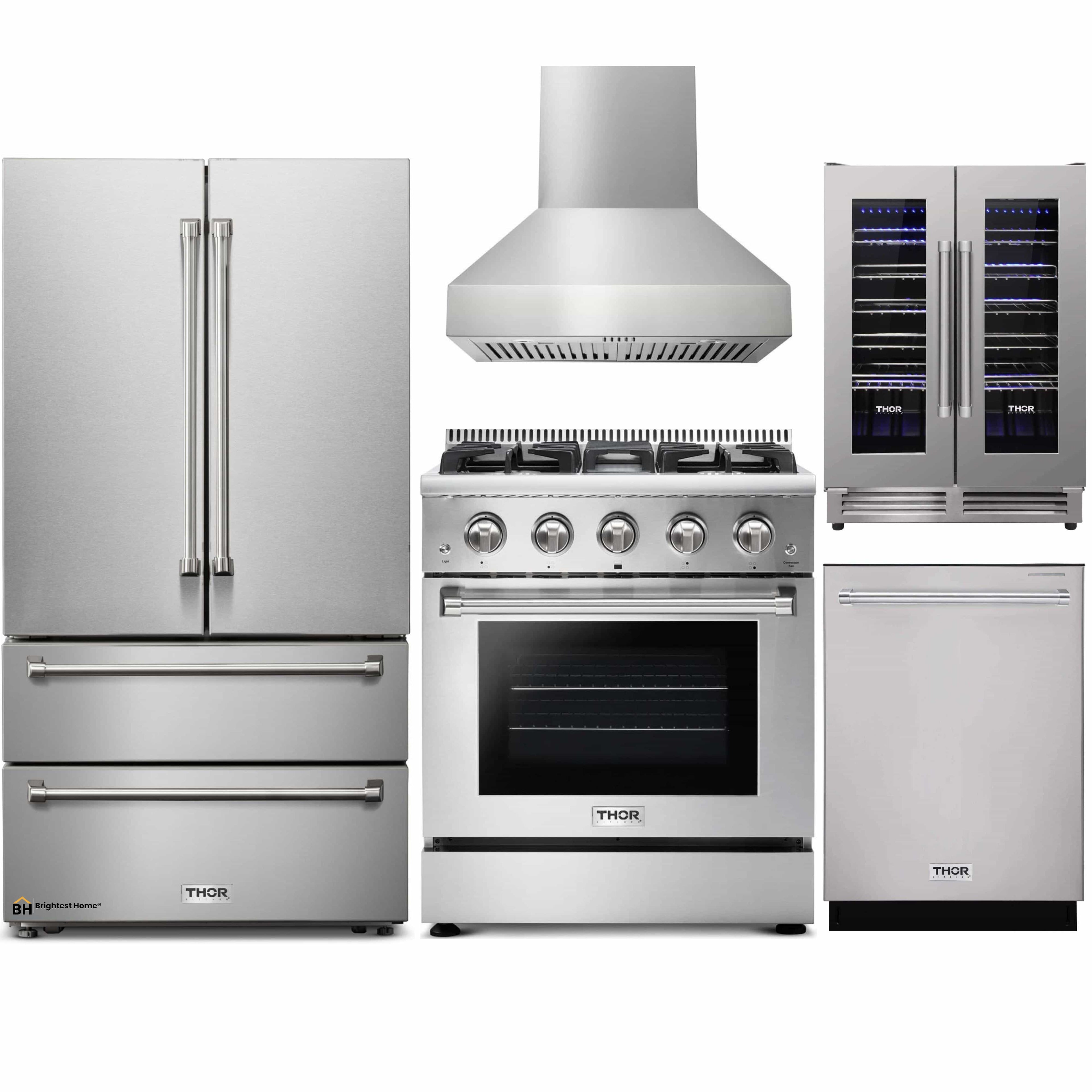 Thor Kitchen 5-Piece Pro Appliance Package - 30-Inch Gas Range, French Door Refrigerator, Pro-Style Wall Mount Hood, Dishwasher, and Wine Cooler in Stainless Steel