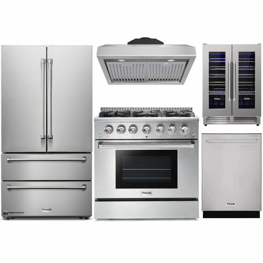 Thor Kitchen 5-Piece Pro Appliance Package - 36-Inch Gas Range, French Door Refrigerator, Under Cabinet Hood, Dishwasher, and Wine Cooler in Stainless Steel