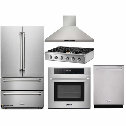 Thor Kitchen 5-Piece Pro Appliance Package - 36-Inch Rangetop, Electric Wall Oven, Wall Mount Hood, Dishwasher & Refrigerator in Stainless Steel