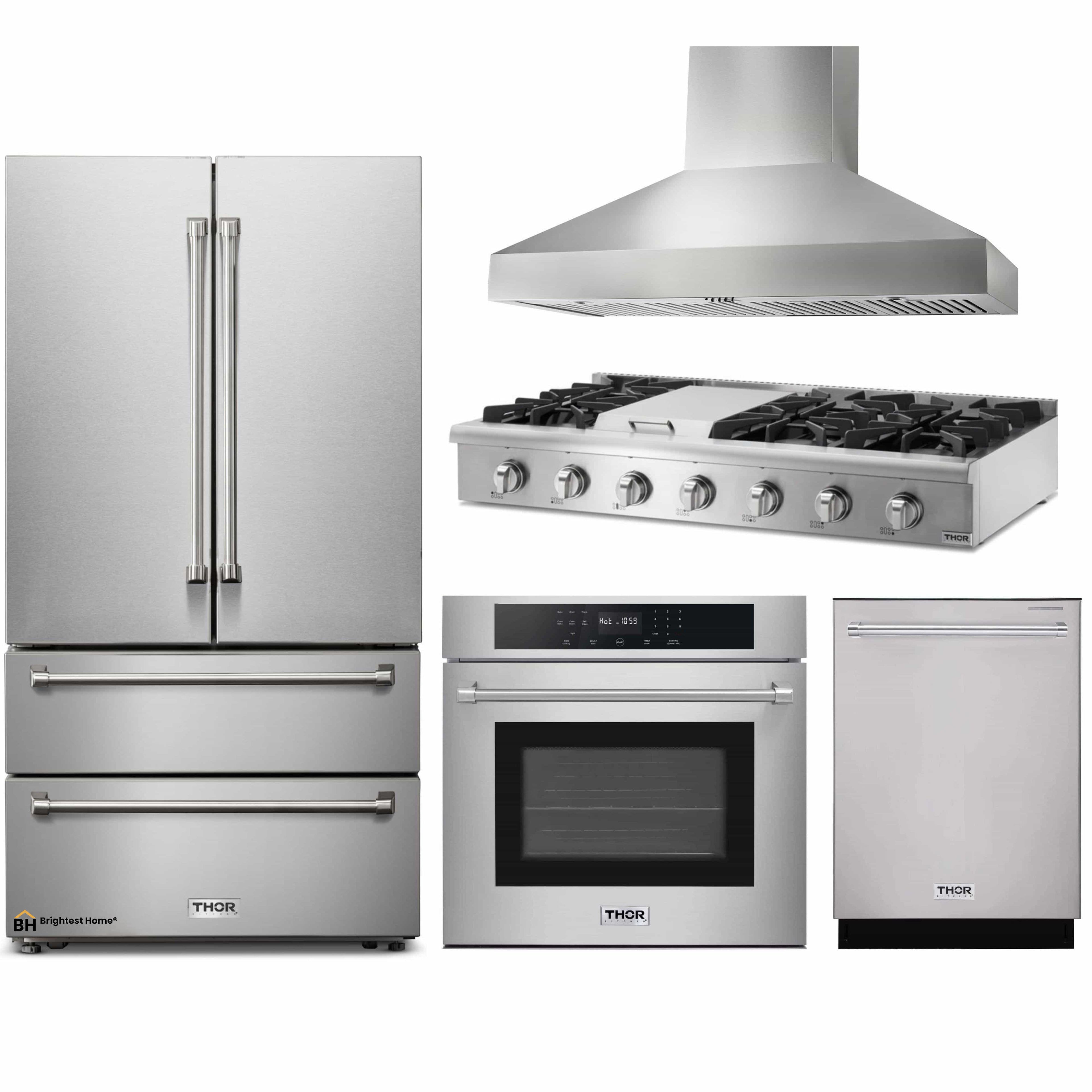 Thor Kitchen 5-Piece Pro Appliance Package - 48-Inch Rangetop, Electric Wall Oven, Wall Mount Hood, Dishwasher & Refrigerator in Stainless Steel