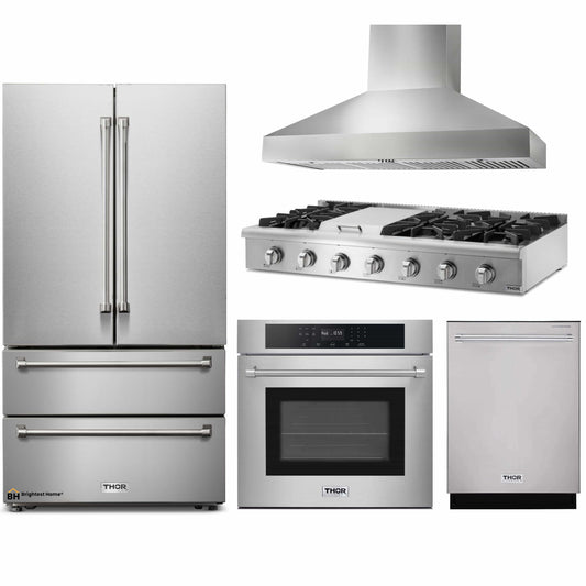 Thor Kitchen 5-Piece Pro Appliance Package - 48-Inch Rangetop, Electric Wall Oven, Wall Mount Hood, Dishwasher & Refrigerator in Stainless Steel