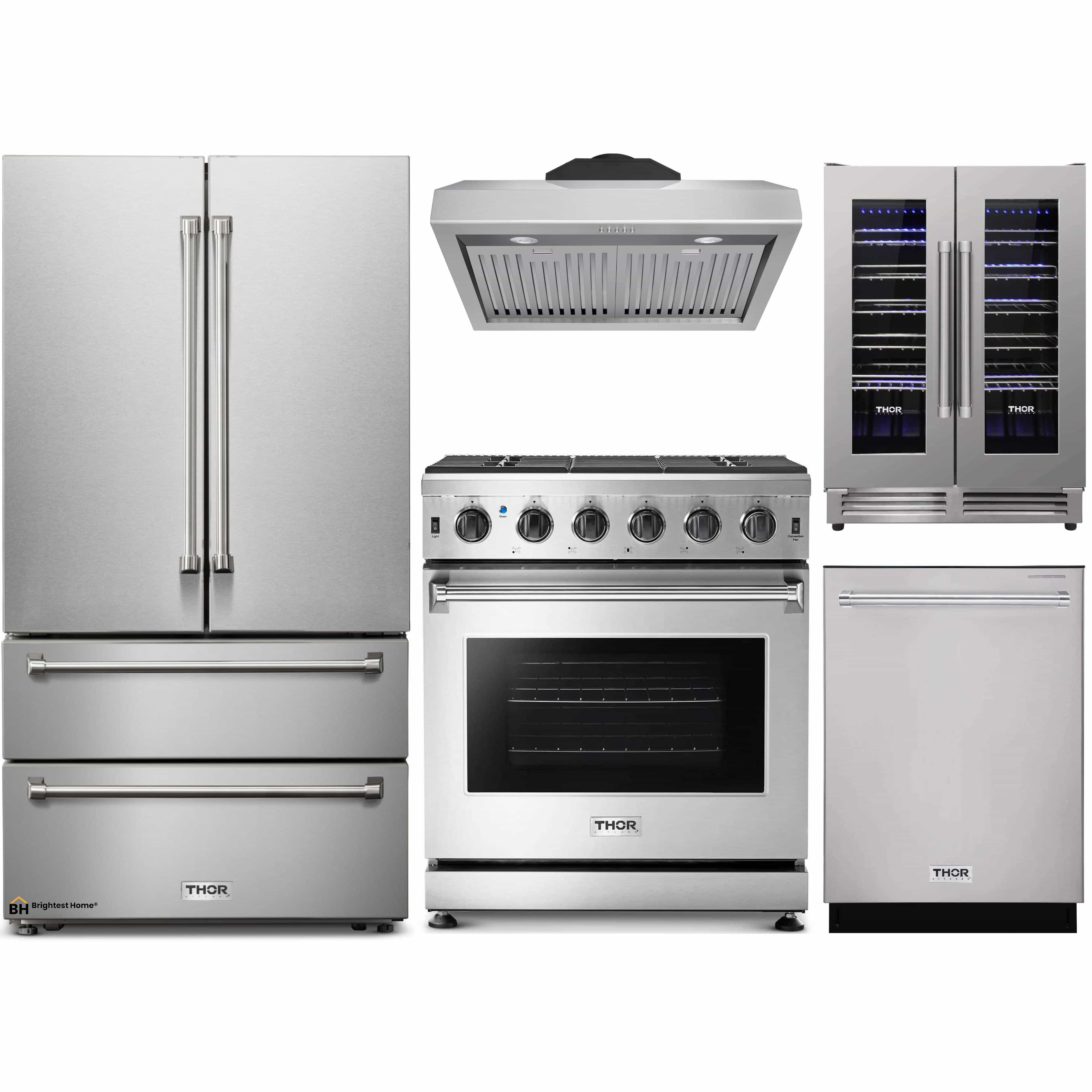 Thor Kitchen 5-Piece Appliance Package - 30-Inch Gas Range, French Door Refrigerator, Under Cabinet Hood, Dishwasher, and Wine Cooler in Stainless Steel