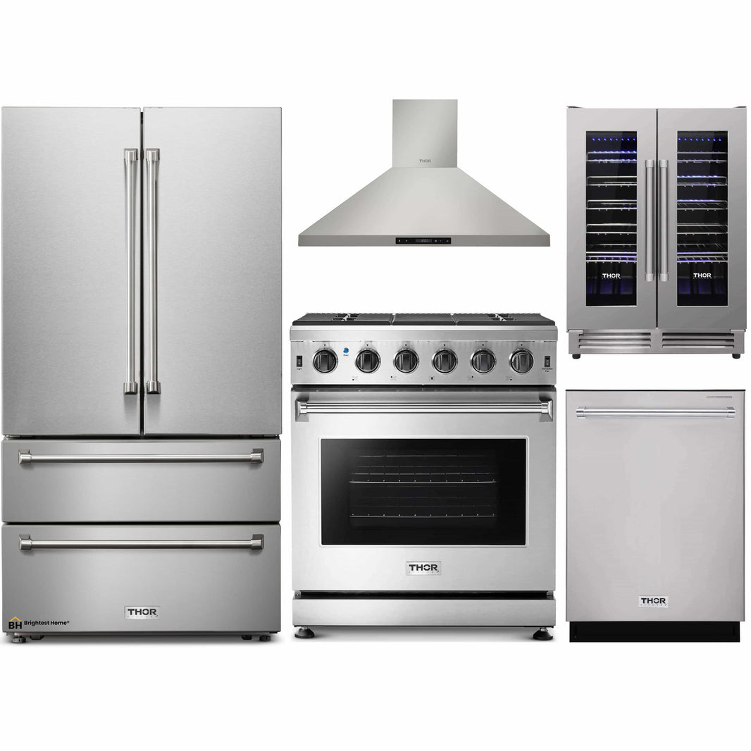 Thor Kitchen 5-Piece Appliance Package - 30-Inch Gas Range, French Door Refrigerator, Wall Mount Hood, Dishwasher, and Wine Cooler in Stainless Steel