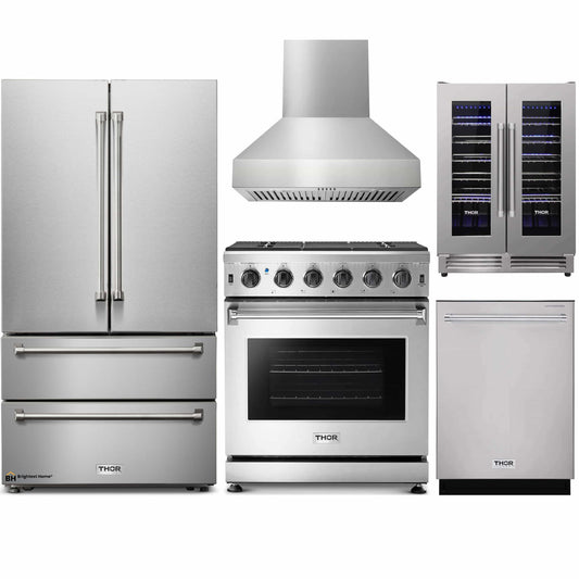 Thor Kitchen 5-Piece Appliance Package - 30-Inch Gas Range, French Door Refrigerator, Pro-Style Wall Mount Hood, Dishwasher, and Wine Cooler in Stainless Steel