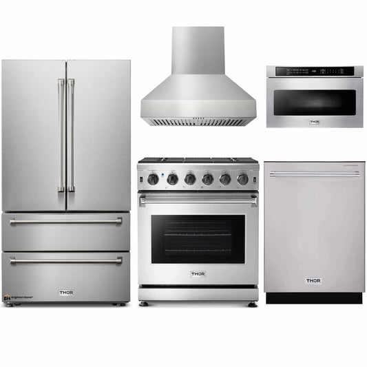 Thor Kitchen 5-Piece Appliance Package - 30-Inch Gas Range, French Door Refrigerator, Pro-Style Wall Mount Hood, Dishwasher, and Microwave Drawer in Stainless Steel