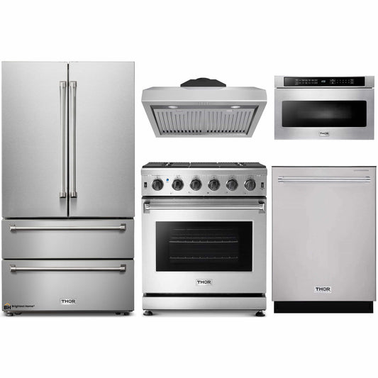 Thor Kitchen 5-Piece Appliance Package - 30-Inch Gas Range, French Door Refrigerator, Under Cabinet Hood, Dishwasher, and Microwave Drawer in Stainless Steel