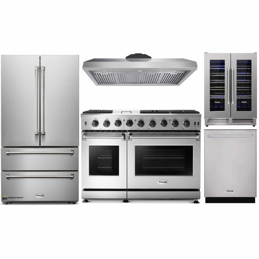 Thor Kitchen 5-Piece Appliance Package - 48-Inch Gas Range, French Door Refrigerator, Dishwasher, Under Cabinet 11-Inch Hood & Wine Cooler in Stainless Steel