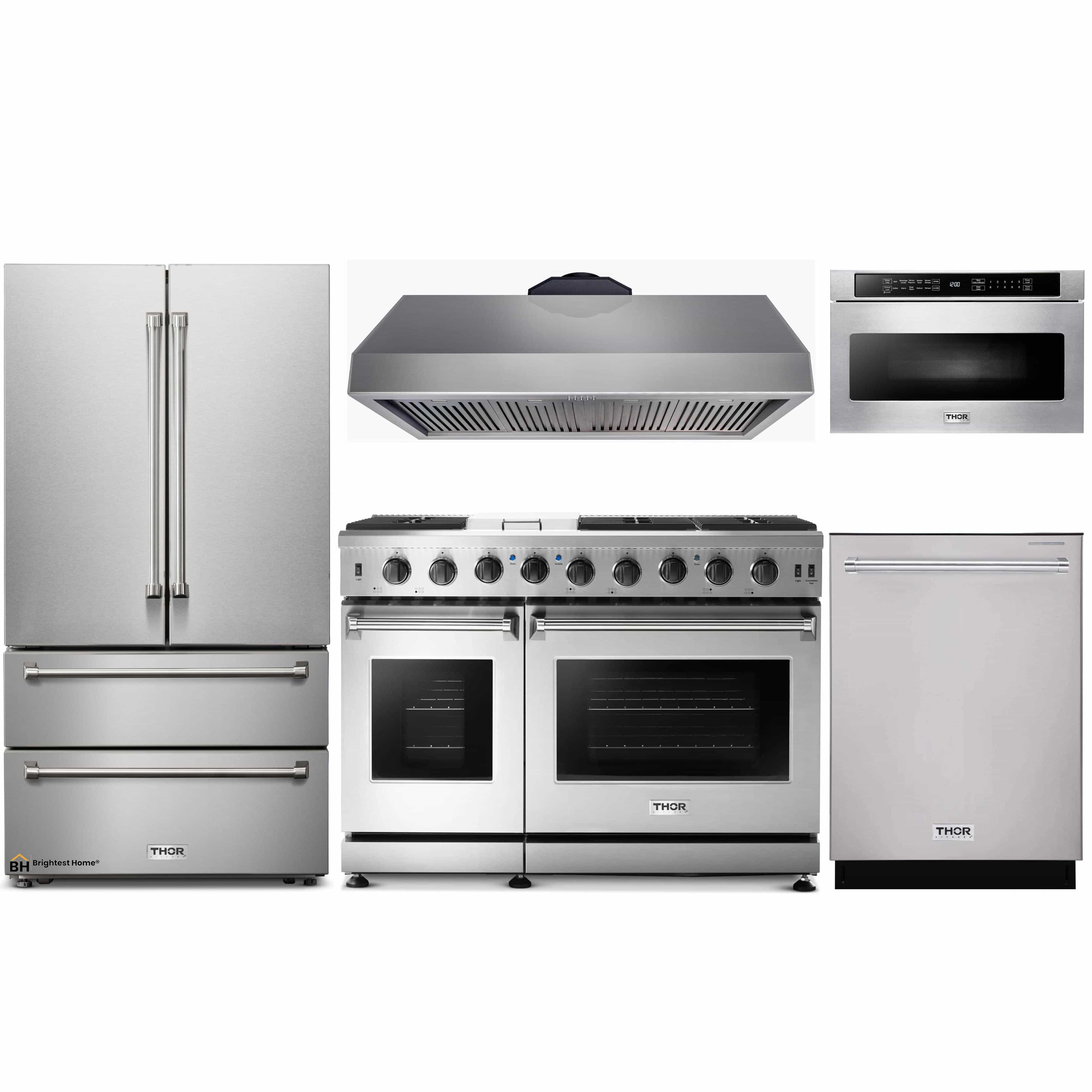 Thor Kitchen 5-Piece Appliance Package - 48-Inch Gas Range, French Door Refrigerator, Under Cabinet 16.5-Inch Tall Hood, Dishwasher, and Microwave Drawer in Stainless Steel