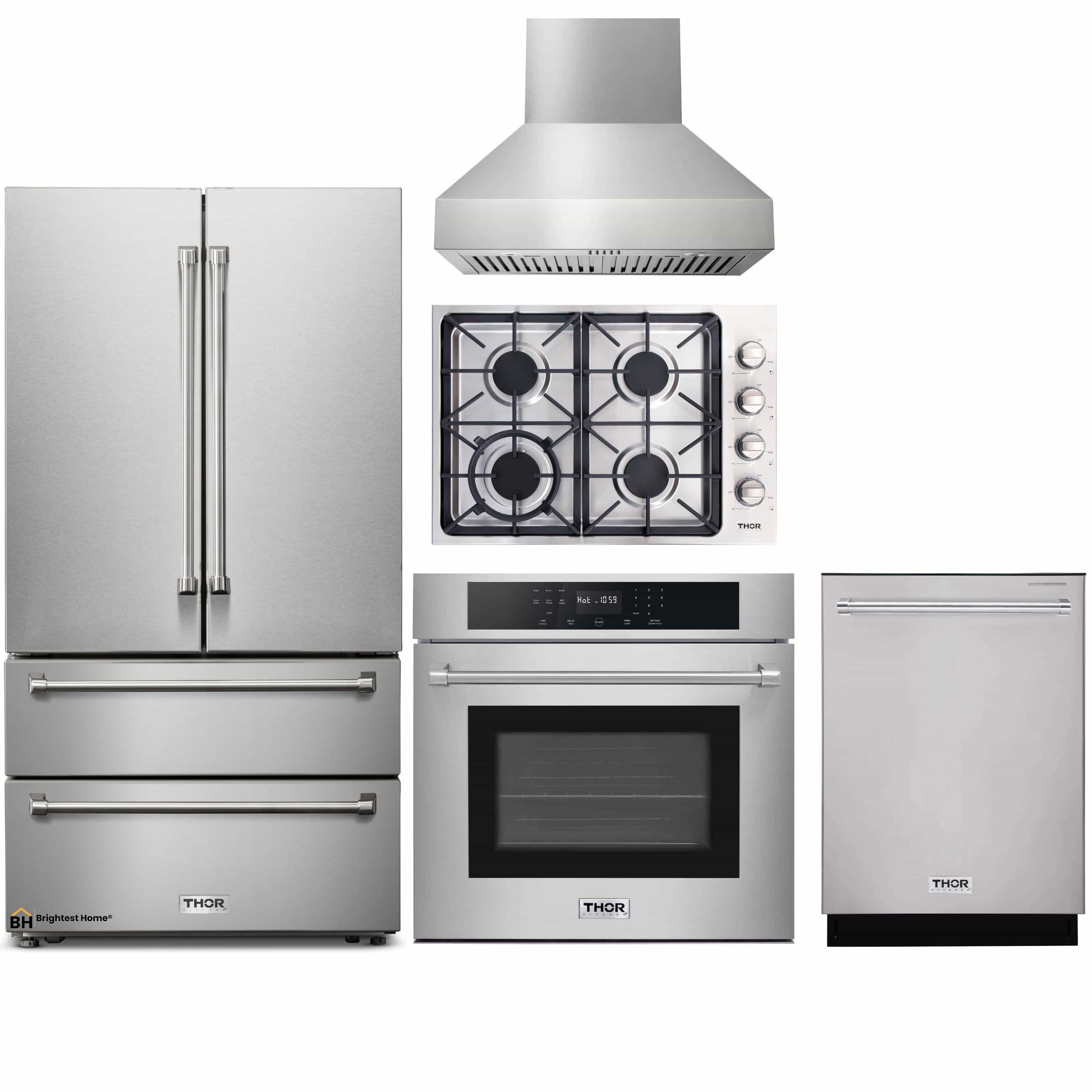 Thor Kitchen 5-Piece Pro Appliance Package - 30-Inch Gas Cooktop, Electric Wall Oven, Wall Mount Hood, Dishwasher & Refrigerator in Stainless Steel