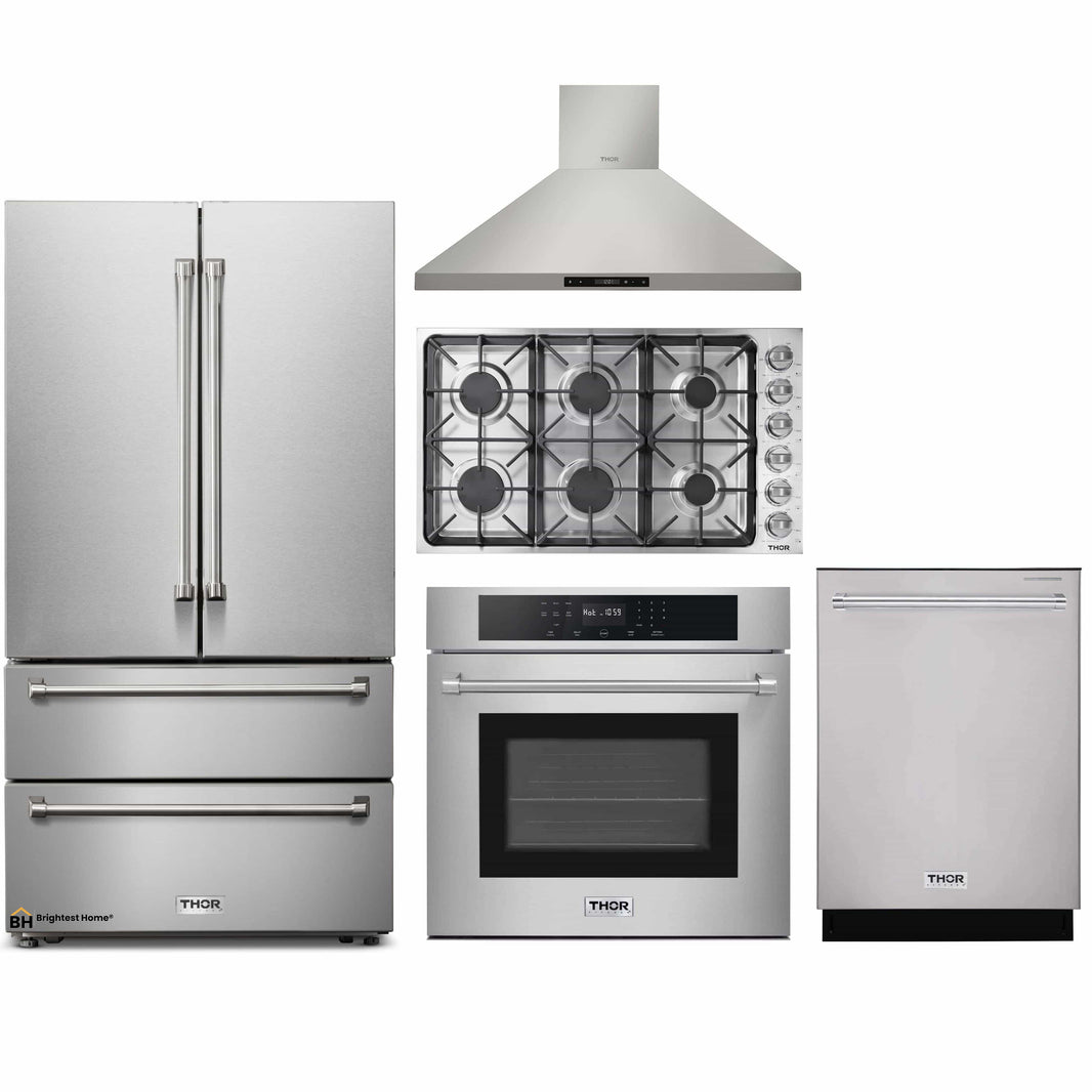 Thor Kitchen 5-Piece Pro Appliance Package - 36-Inch Gas Cooktop, Electric Wall Oven, Wall Mount Hood, Dishwasher, & Refrigerator in Stainless Steel