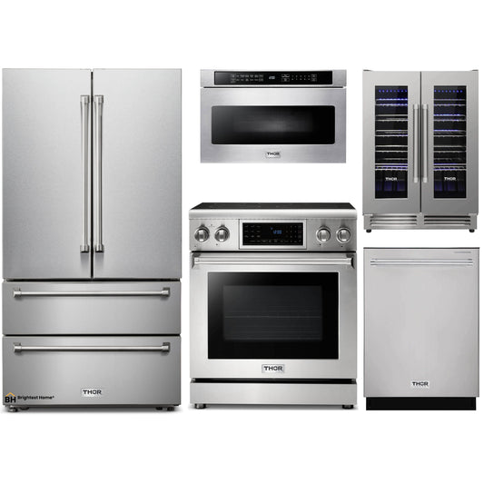 Thor Kitchen 5-Piece Appliance Package - 30-Inch Electric Range with Tilt Panel, French Door Refrigerator, Dishwasher, Microwave Drawer, & Wine Cooler in Stainless Steel