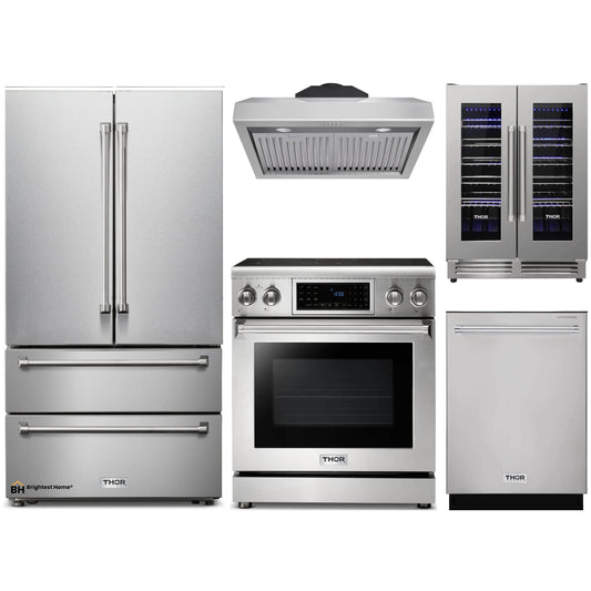 Thor Kitchen 5-Piece Appliance Package - 30-Inch Electric Range with Tilt Panel, French Door Refrigerator, Under Cabinet Hood, Dishwasher, & Wine Cooler in Stainless Steel