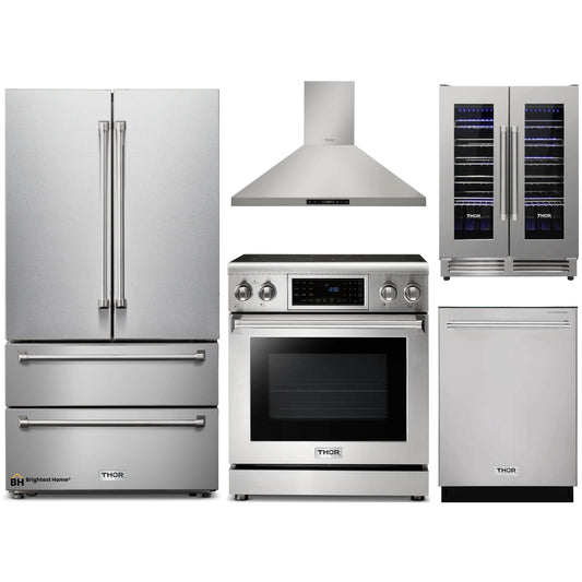 Thor Kitchen 5-Piece Appliance Package - 30-Inch Electric Range with Tilt Panel, French Door Refrigerator, Wall Mount Hood, Dishwasher, & Wine Cooler in Stainless Steel