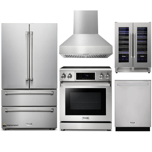 Thor Kitchen 5-Piece Appliance Package - 30-Inch Electric Range with Tilt Panel, French Door Refrigerator, Pro-Style Wall Mount Hood, Dishwasher, & Wine Cooler in Stainless Steel