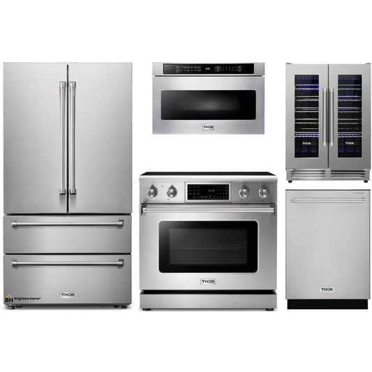 Thor Kitchen 5-Piece Appliance Package - 36-Inch Electric Range with Tilt Panel, French Door Refrigerator, Dishwasher, Microwave Drawer, & Wine Cooler in Stainless Steel