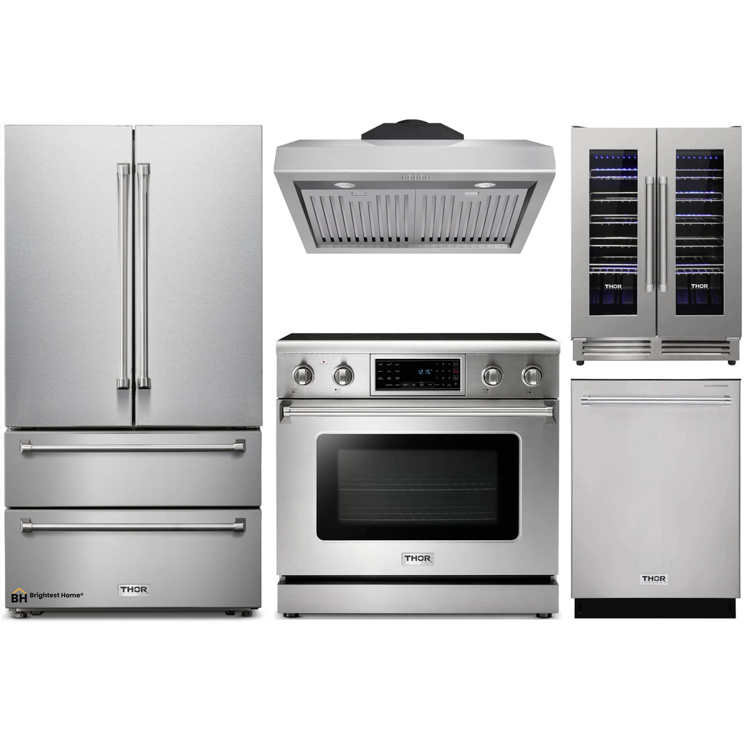 Thor Kitchen 5-Piece Appliance Package - 36-Inch Electric Range with Tilt Panel, French Door Refrigerator, Under Cabinet Hood, Dishwasher, & Wine Cooler in Stainless Steel