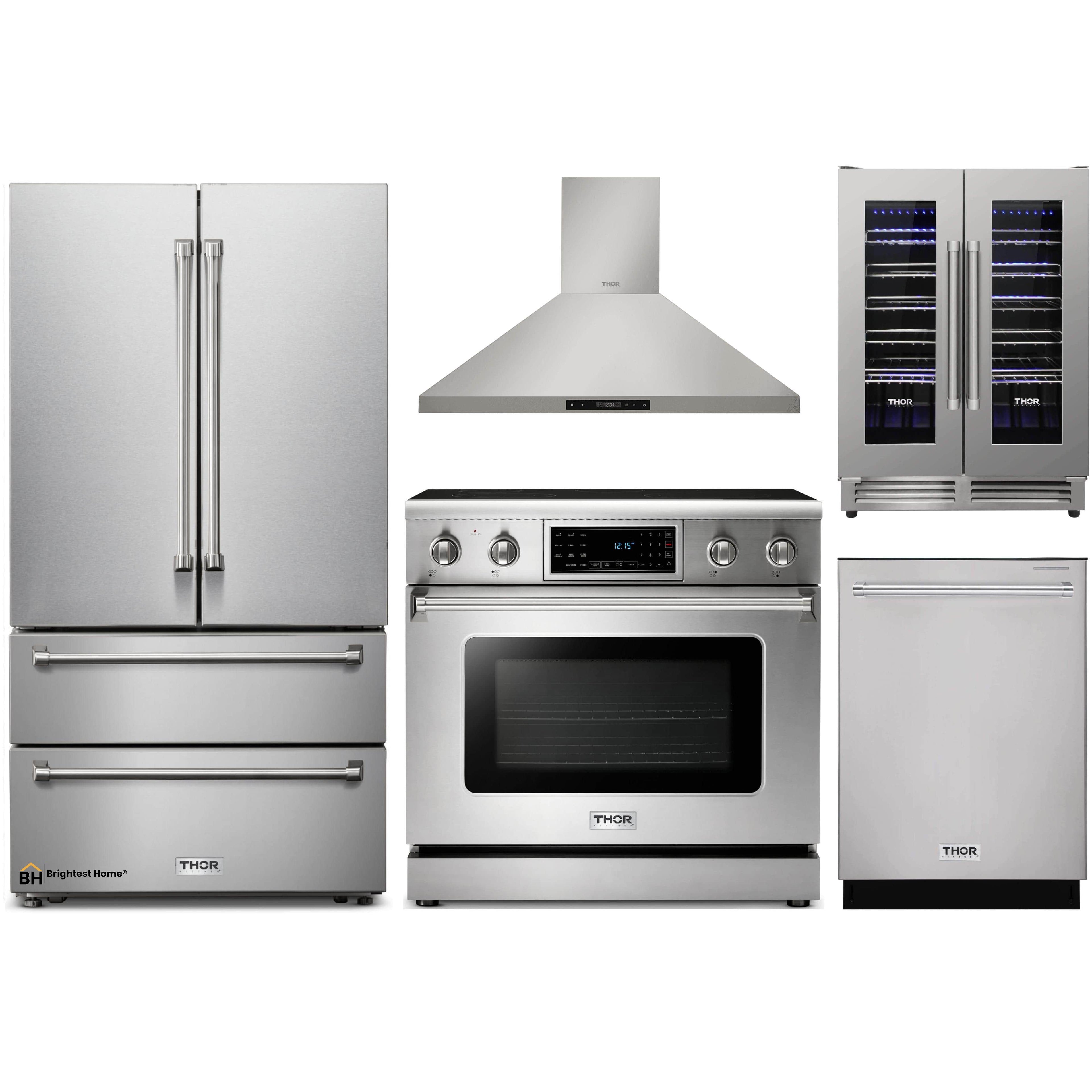 Thor Kitchen 5-Piece Appliance Package - 36-Inch Electric Range with Tilt Panel, French Door Refrigerator, Wall Mount Hood, Dishwasher, & Wine Cooler in Stainless Steel