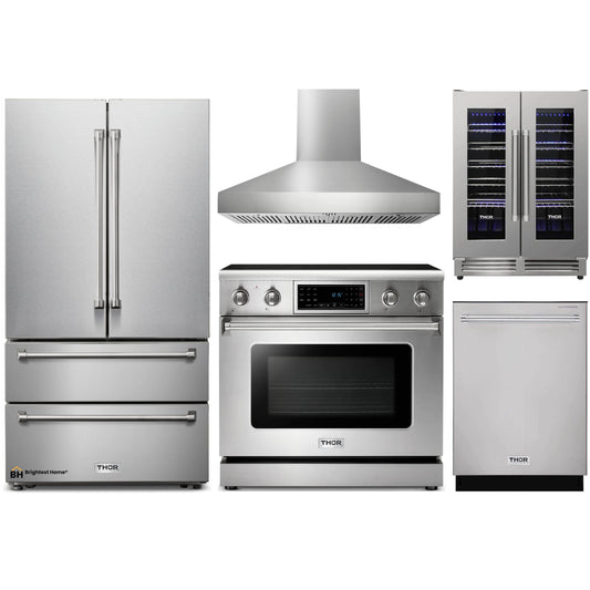 Thor Kitchen 5-Piece Appliance Package - 36-Inch Electric Range with Tilt Panel, French Door Refrigerator, Pro-Style Wall Mount Hood, Dishwasher, & Wine Cooler in Stainless Steel