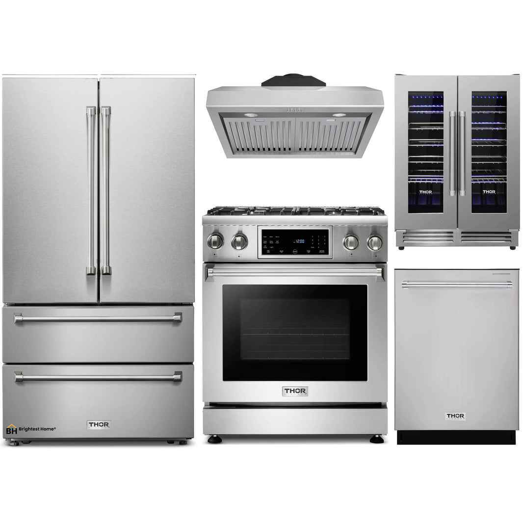 Thor Kitchen 5-Piece Appliance Package - 30-Inch Gas Range with Tilt Panel, French Door Refrigerator, Under Cabinet Hood, Dishwasher, and Wine Cooler in Stainless Steel