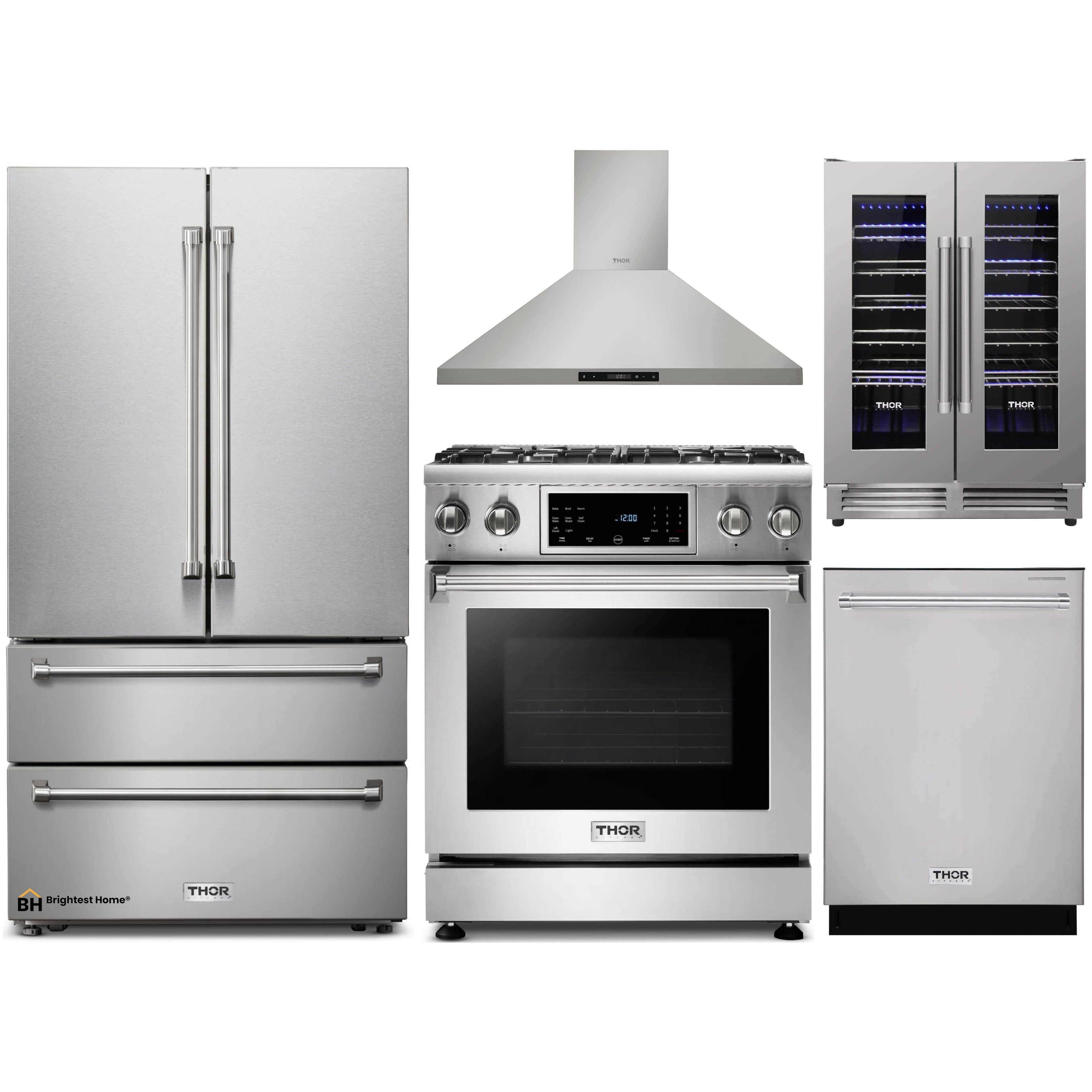 Thor Kitchen 5-Piece Appliance Package - 30-Inch Gas Range with Tilt Panel, French Door Refrigerator, Wall Mount Hood, Dishwasher, and Wine Cooler in Stainless Steel