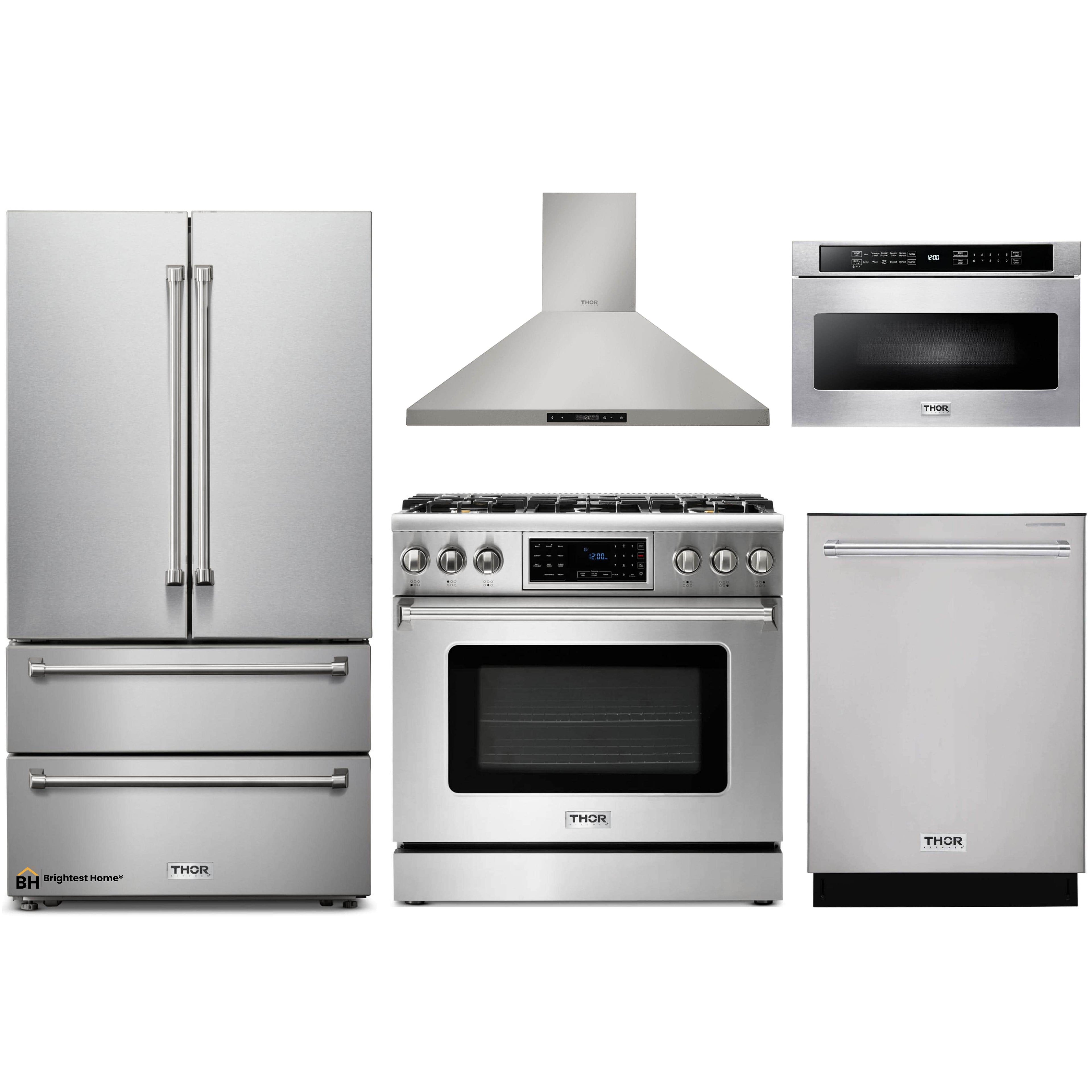 Thor Kitchen 5-Piece Appliance Package - 36-Inch Gas Range with Tilt Panel, French Door Refrigerator, Wall Mount Hood, Dishwasher, and Microwave Drawer in Stainless Steel