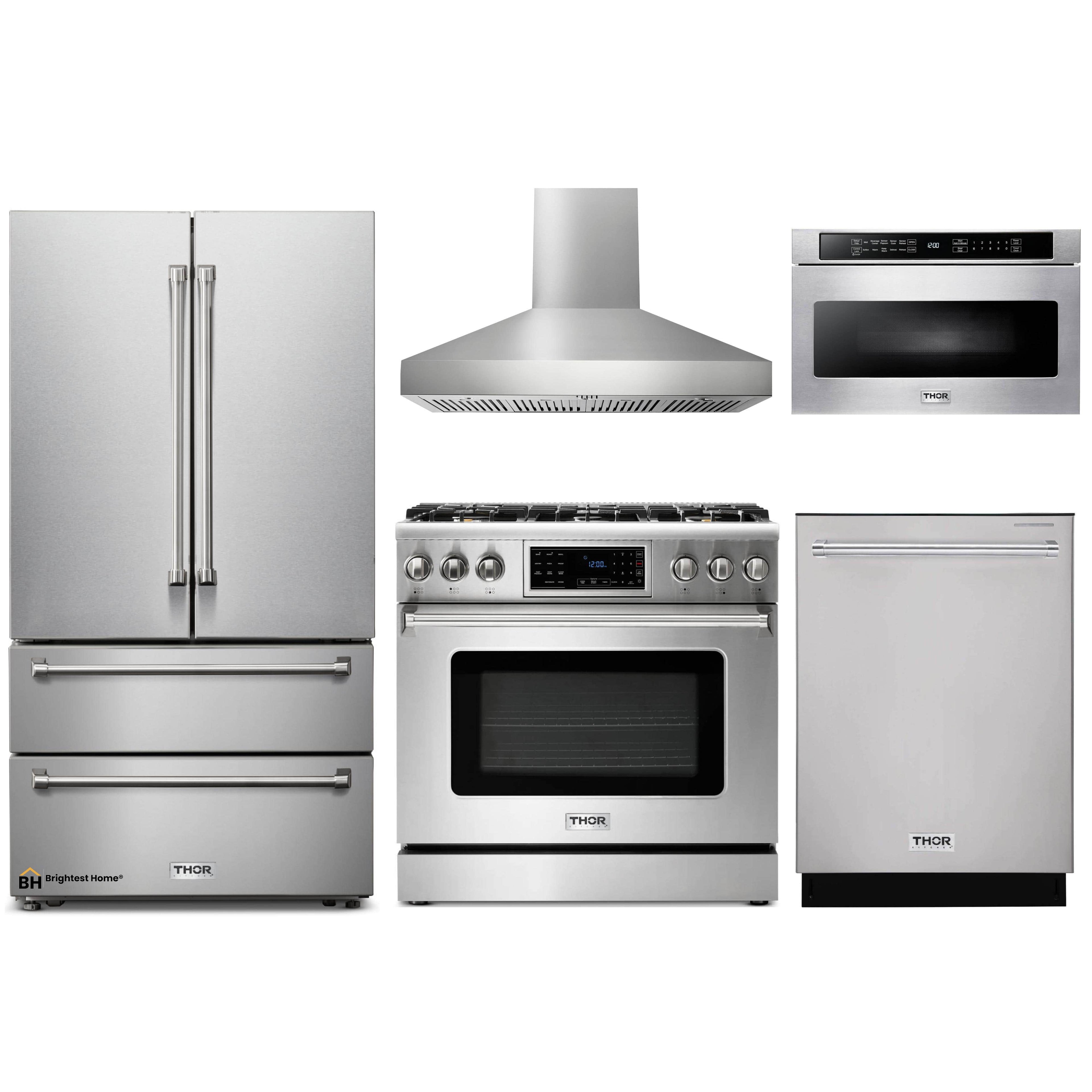 Thor Kitchen 5-Piece Appliance Package - 36-Inch Gas Range with Tilt Panel, French Door Refrigerator, Pro-Style Wall Mount Hood, Dishwasher, and Microwave Drawer in Stainless Steel