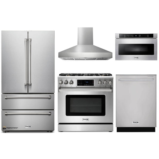 Thor Kitchen 5-Piece Appliance Package - 36-Inch Gas Range with Tilt Panel, French Door Refrigerator, Pro-Style Wall Mount Hood, Dishwasher, and Microwave Drawer in Stainless Steel