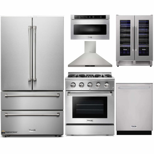 Thor Kitchen 6-Piece Pro Appliance Package - 30-Inch Dual Fuel Range, French Door Refrigerator, Wall Mount Hood, Dishwasher, Microwave Drawer, & Wine Cooler in Stainless Steel