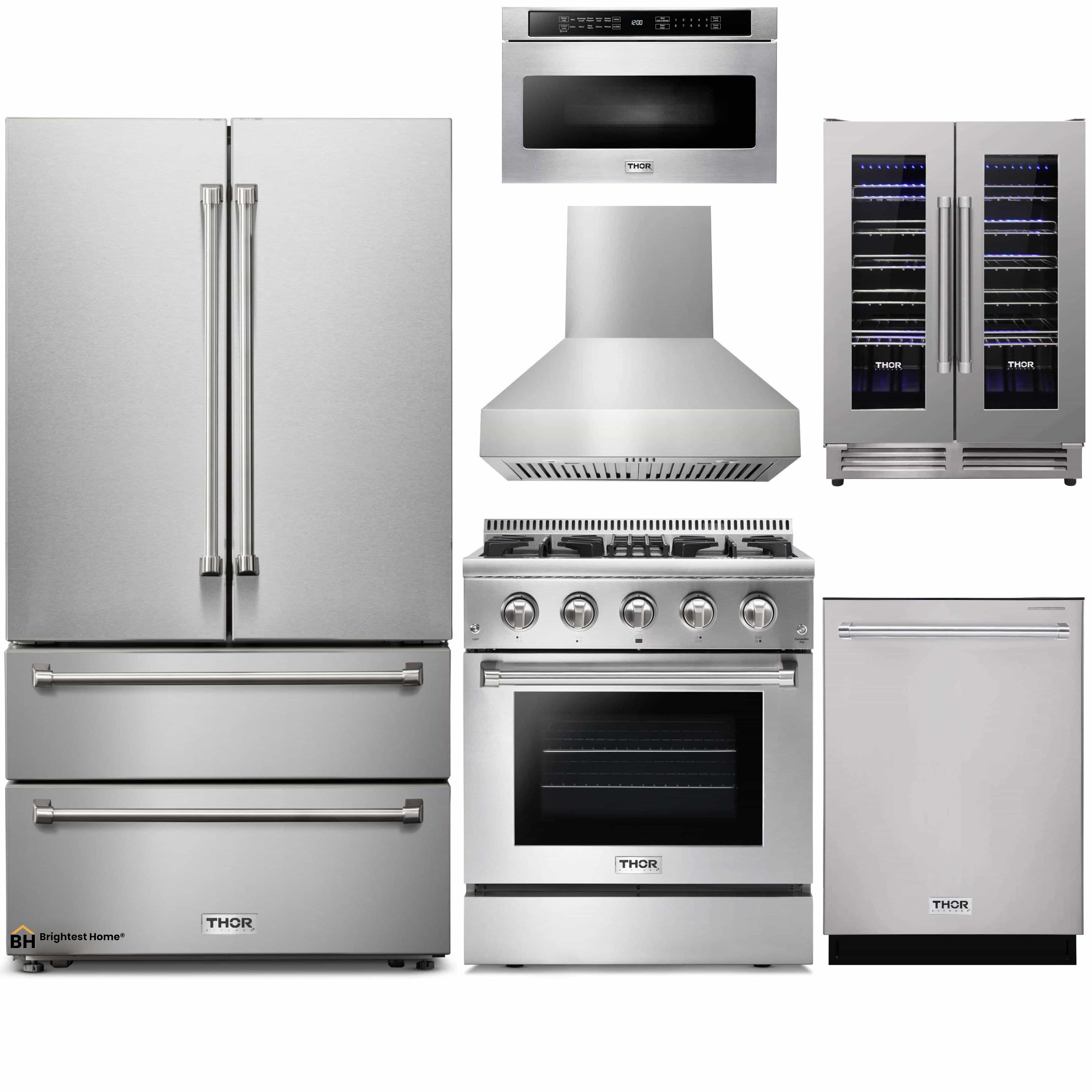 Thor Kitchen 6-Piece Pro Appliance Package - 30-Inch Dual Fuel Range, French Door Refrigerator, Pro-Style Wall Mount Hood, Dishwasher, Microwave Drawer, & Wine Cooler in Stainless Steel