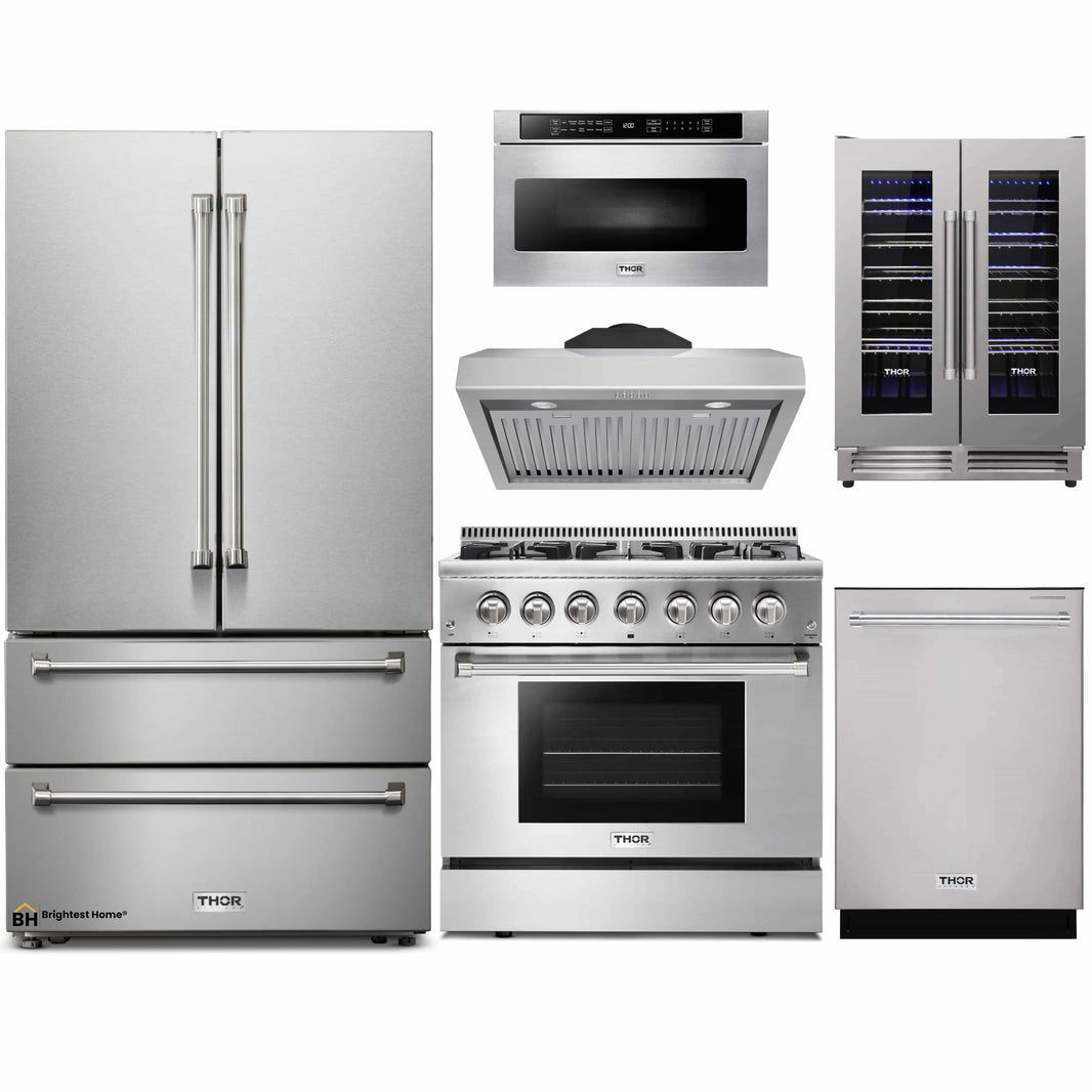 Thor Kitchen 6-Piece Pro Appliance Package - 36-Inch Dual Fuel Range, French Door Refrigerator, Under Cabinet Hood, Dishwasher, Microwave Drawer, and Wine Cooler in Stainless Steel