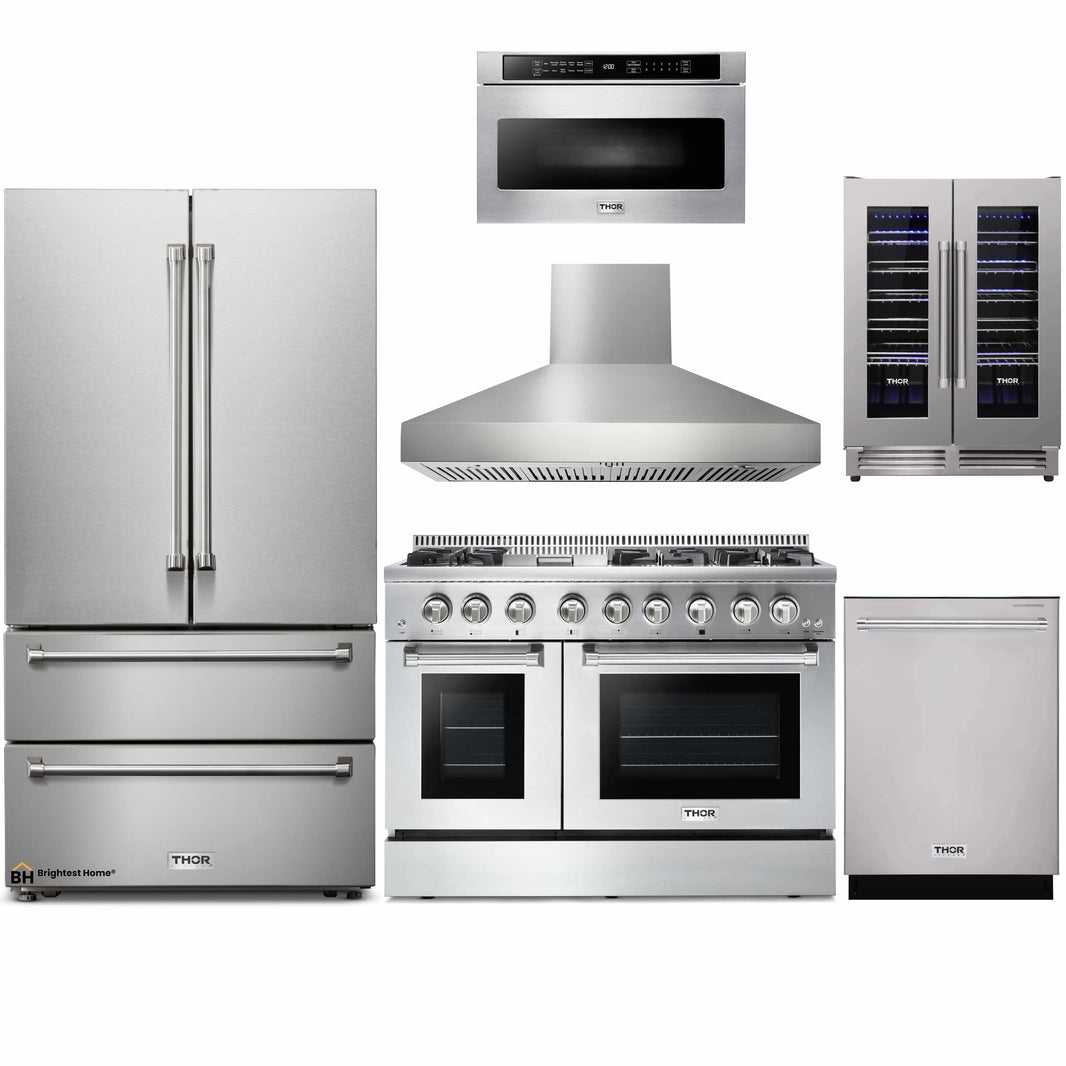 Thor Kitchen 6-Piece Pro Appliance Package - 48-Inch Dual Fuel Range, French Door Refrigerator, Dishwasher, Pro Wall Mount Hood, Microwave Drawer, & Wine Cooler in Stainless Steel