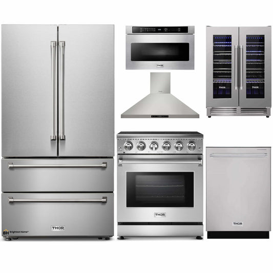 Thor Kitchen 6-Piece Appliance Package - 30-Inch Electric Range, French Door Refrigerator, Wall Mount Hood, Dishwasher, Microwave Drawer, & Wine Cooler in Stainless Steel