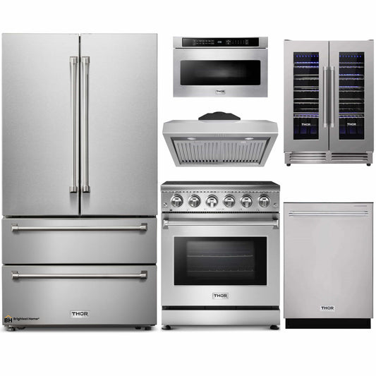 Thor Kitchen 6-Piece Appliance Package - 30-Inch Electric Range, French Door Refrigerator, Under Cabinet Hood, Dishwasher, Microwave Drawer, & Wine Cooler in Stainless Steel