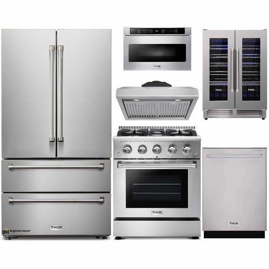 Thor Kitchen 6-Piece Pro Appliance Package - 30-Inch Gas Range, French Door Refrigerator, Under Cabinet Hood, Dishwasher, Microwave Drawer, & Wine Cooler in Stainless Steel