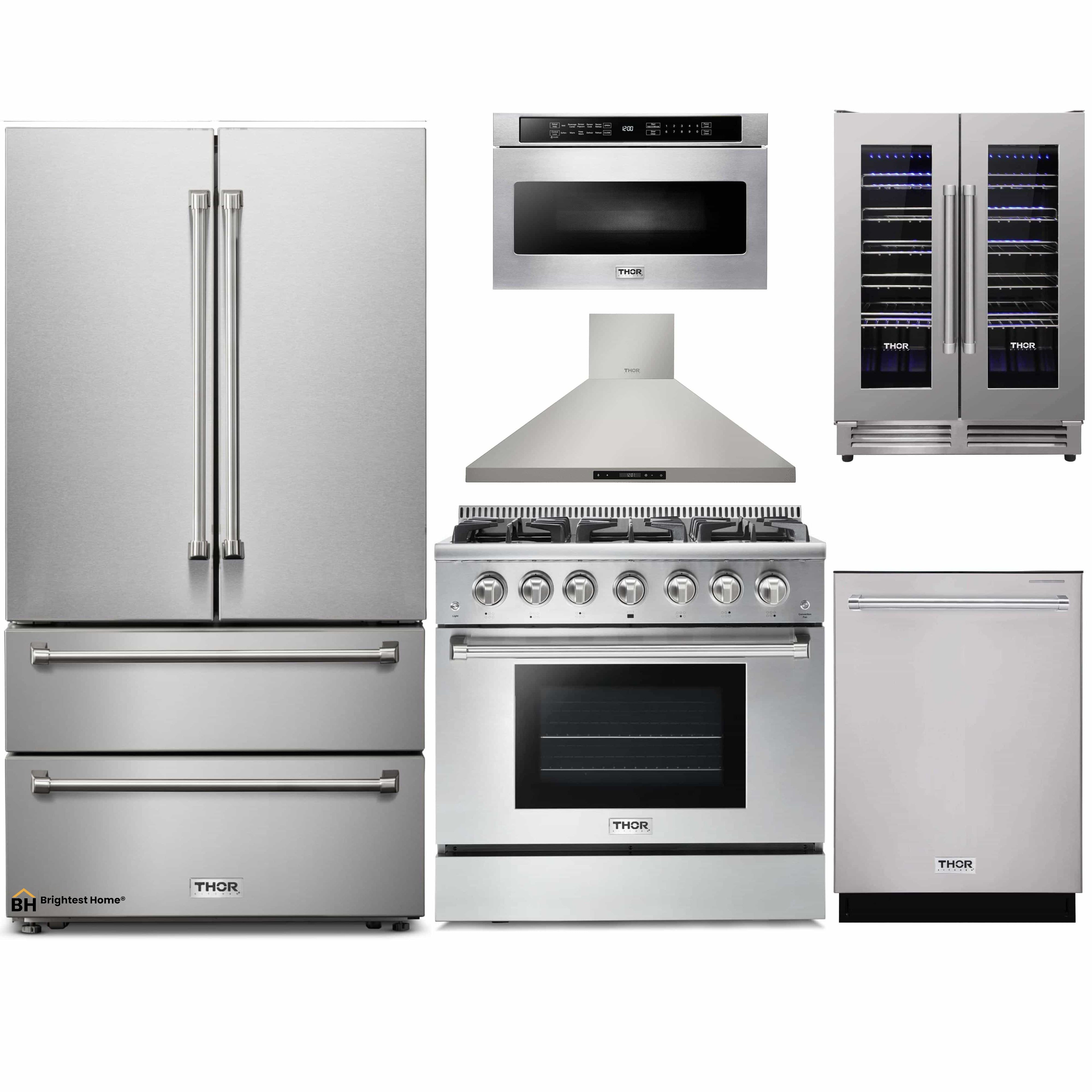 Thor Kitchen 6-Piece Pro Appliance Package - 36-Inch Gas Range, French Door Refrigerator, Wall Mount Hood, Dishwasher, Microwave Drawer, & Wine Cooler in Stainless Steel