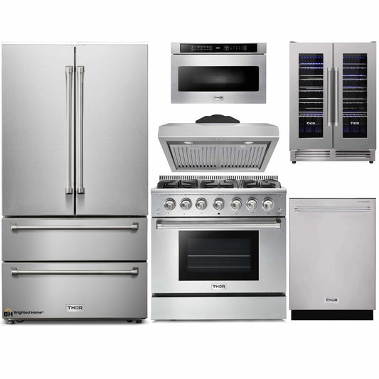 Thor Kitchen 6-Piece Pro Appliance Package - 36-Inch Gas Range, French Door Refrigerator, Under Cabinet Hood, Dishwasher, Microwave Drawer, & Wine Cooler in Stainless Steel