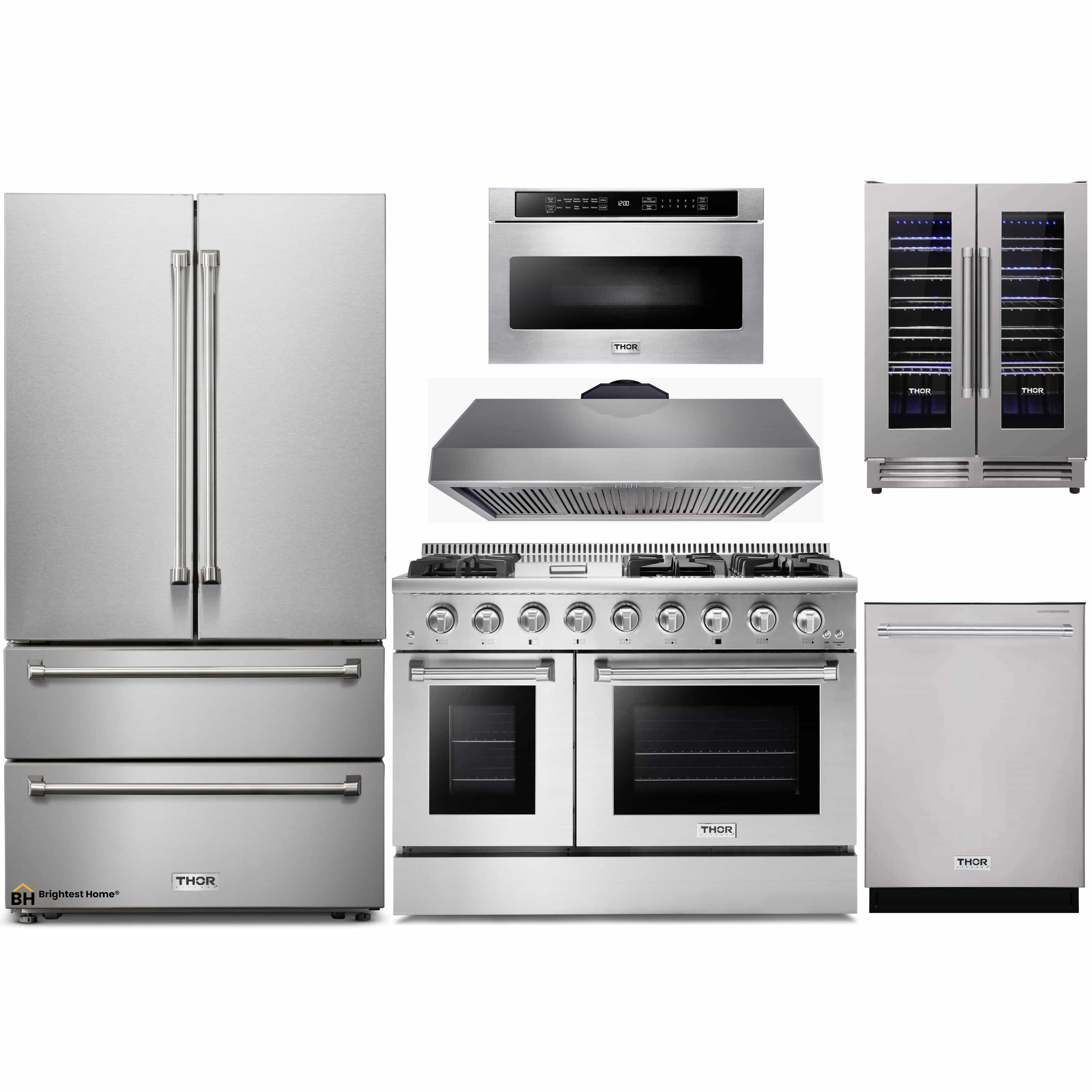 Thor Kitchen 6-Piece Pro Appliance Package - 48-Inch Gas Range, French Door Refrigerator, Dishwasher, Under Cabinet 16.5-Inch Hood, Microwave Drawer, & Wine Cooler in Stainless Steel