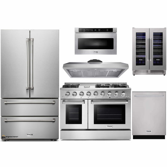 Thor Kitchen 6-Piece Pro Appliance Package - 48-Inch Gas Range, French Door Refrigerator, Dishwasher, Under Cabinet 11-Inch Tall Hood, Microwave Drawer, & Wine Cooler in Stainless Steel