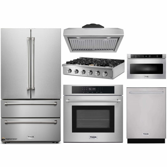 Thor Kitchen 6-Piece Pro Appliance Package - 36-Inch Rangetop, Electric Wall Oven, Under Cabinet Hood, Refrigerator, Dishwasher, & Microwave in Stainless Steel