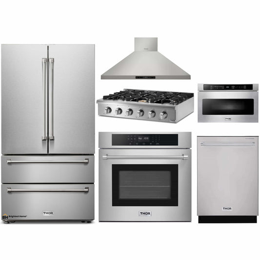 Thor Kitchen 6-Piece Pro Appliance Package - 36-Inch Rangetop, Electric Wall Oven, Wall Mount Hood, Refrigerator, Dishwasher, & Microwave in Stainless Steel