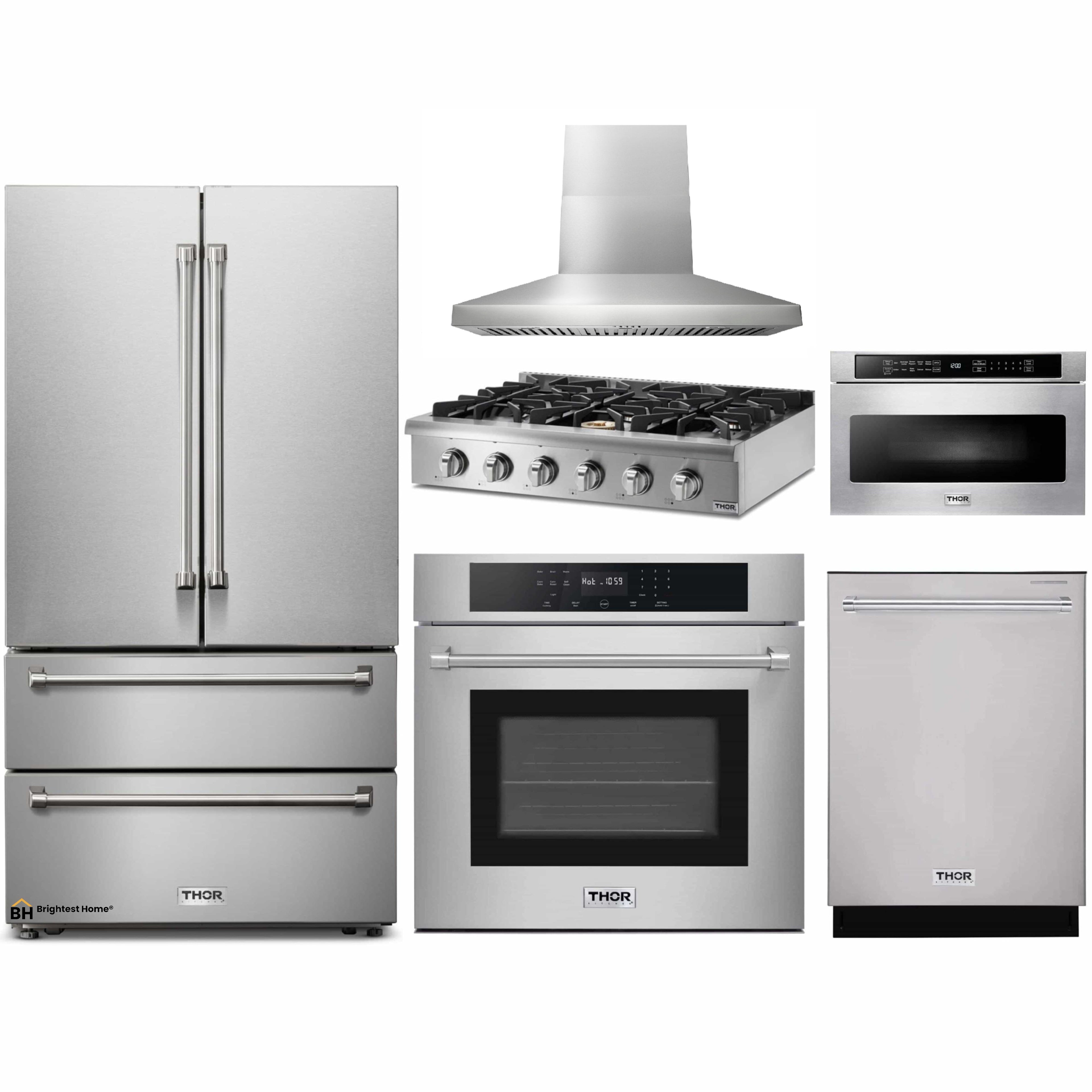 Thor Kitchen 6-Piece Pro Appliance Package - 36-Inch Rangetop, Electric Wall Oven, Wall Mount Hood, Refrigerator, Dishwasher, & Microwave in Stainless Steel