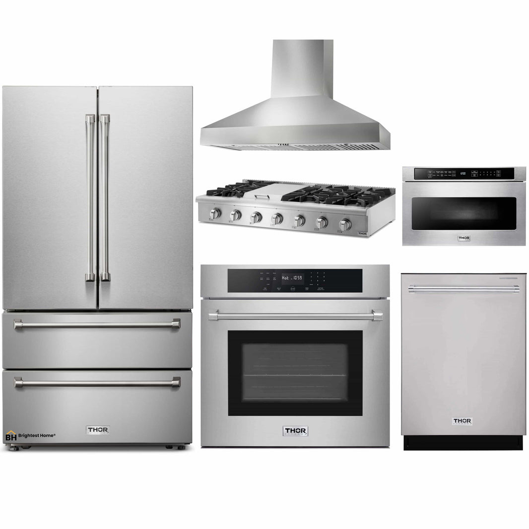 Thor Kitchen 6-Piece Pro Appliance Package - 48-Inch Rangetop, Electric Wall Oven, Pro Wall Mount Hood, Refrigerator, Dishwasher, & Microwave Drawer in Stainless Steel