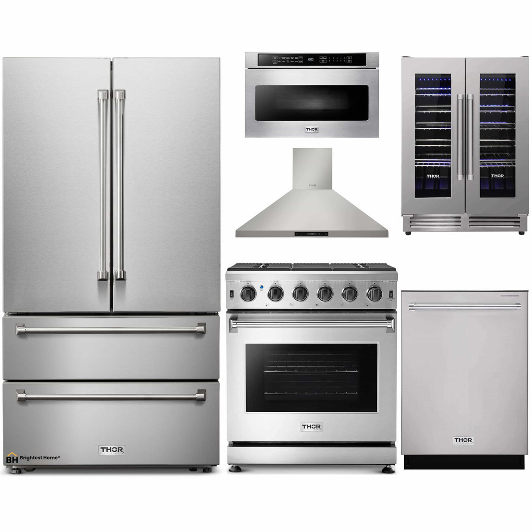 Thor Kitchen 6-Piece Appliance Package - 30-Inch Gas Range with Tilt Panel, French Door Refrigerator, Wall Mount Hood, Dishwasher, Microwave Drawer, and Wine Cooler in Stainless Steel