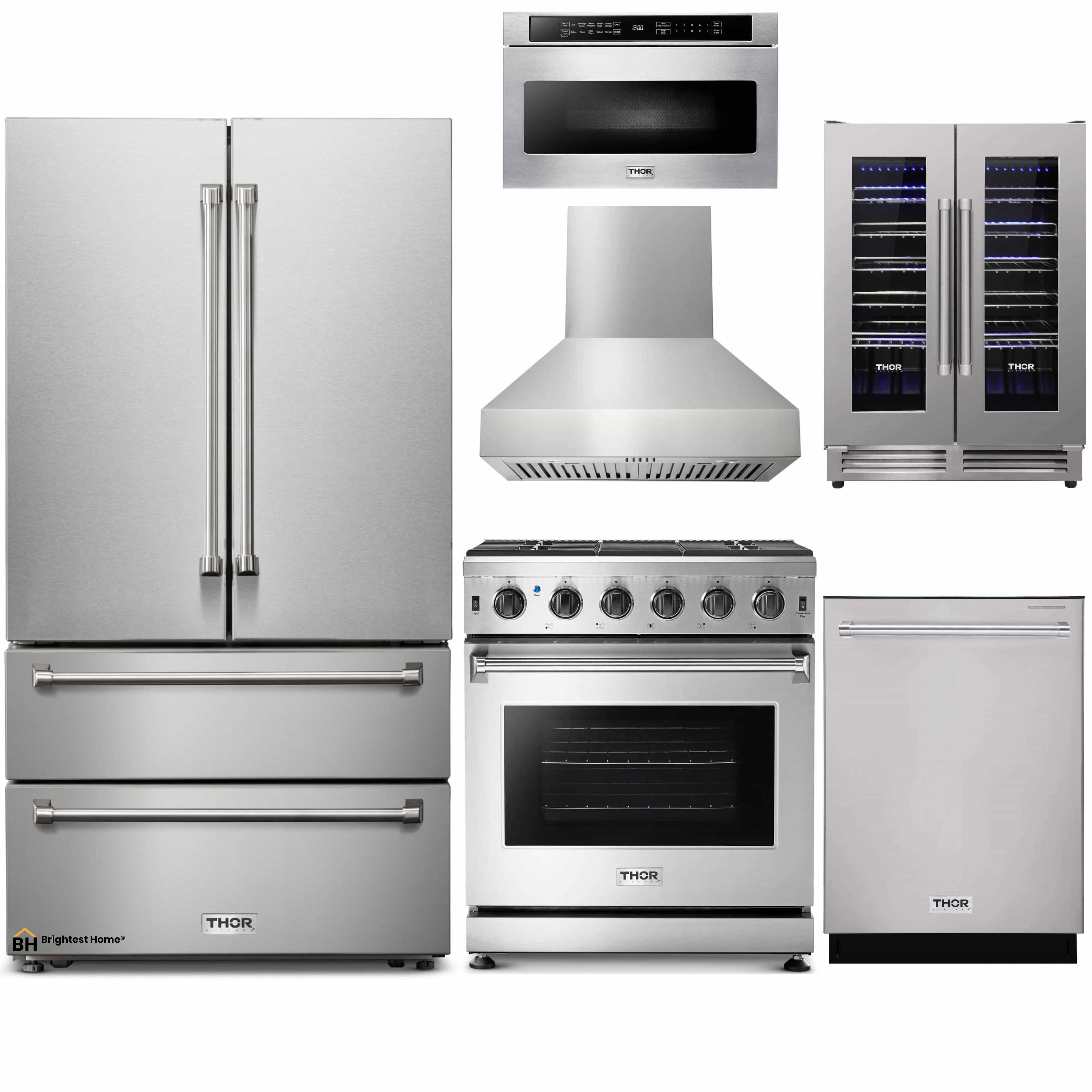 Thor Kitchen 6-Piece Appliance Package - 30-Inch Gas Range, French Door Refrigerator, Pro-Style Wall Mount Hood, Dishwasher, Microwave Drawer, and Wine Cooler in Stainless Steel