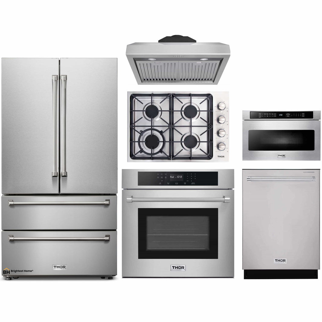 Thor Kitchen 6-Piece Pro Appliance Package - 30-Inch Gas Cooktop, Electric Wall Oven, Under Cabinet Hood, Refrigerator, Dishwasher, & Microwave Drawer in Stainless Steel